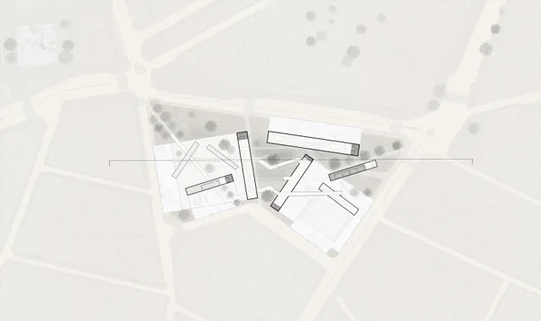 The placement of enclosing gallery walls and urban carpets mirror their respective street alignments, while the ramp spirals slowly upward to unify the walls and distance the specific angularities of the site.