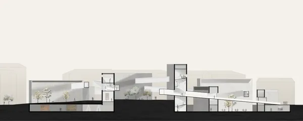 The Museum for Madrid depicted in section demonstrates the crossing of circulation paths within the construction of views and voids.
