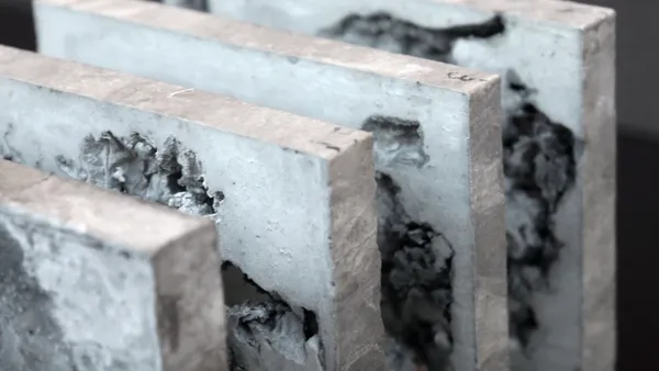 The material studies are composed of cement and wax. Through a process of quickly cooling, hot wax hardens into organic shapes in cold water. Later, the wax is cast in hardening cement cubes. These fragile cubes of cement are then segmented and extruded into slides. Finally, the wax is later melted out to finish the reciprocal process.
