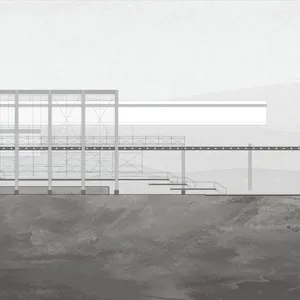 West elevation illustrates the building’s transparent and opaque nature.