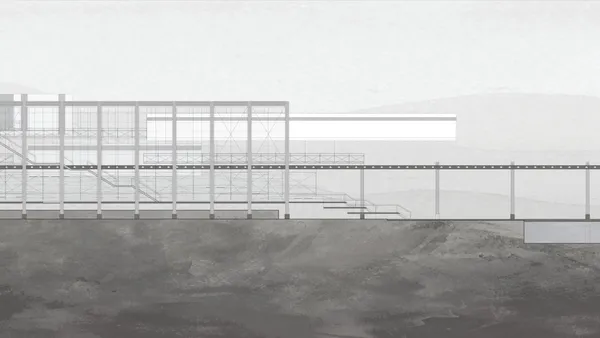 West elevation illustrates the building’s transparent and opaque nature.