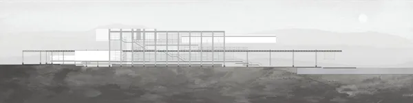 West elevation illustrates the building’s transparent and opaque nature.