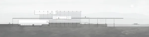 A longitudinal section depicts the programmatic spaces suspended throughout the building.