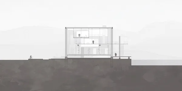 The lateral section illustrates the rib and glass curtain wall, membrane system.