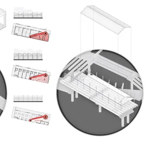 The semi-public unit is designed for community minded programming. The unit can be transformed using pivoting walls on the steel frame grid to open and close spaces for office or cafeteria uses. As well, tenting used to house the shelter unit reflects the adaptability of the project’s tenants. The 9-square grid square connects the ground plane, housing quarters, and highway levels using public programming to create nodes of interest.