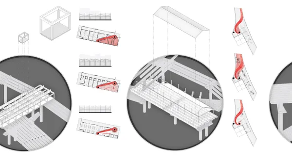 The semi-public unit is designed for community minded programming. The unit can be transformed using pivoting walls on the steel frame grid to open and close spaces for office or cafeteria uses. As well, tenting used to house the shelter unit reflects the adaptability of the project’s tenants. The 9-square grid square connects the ground plane, housing quarters, and highway levels using public programming to create nodes of interest.