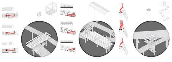 The semi-public unit is designed for community minded programming. The unit can be transformed using pivoting walls on the steel frame grid to open and close spaces for office or cafeteria uses. As well, tenting used to house the shelter unit reflects the adaptability of the project’s tenants. The 9-square grid square connects the ground plane, housing quarters, and highway levels using public programming to create nodes of interest.