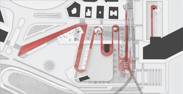 The ground plan connects the commercial bus terminal, city bus routes, and Tiburtina Station through a system of programmatic knots
