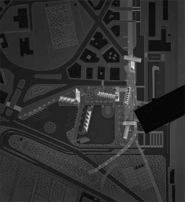 A roof plan illustrated at night conveys the layering of structural types that mutate and grow along the highway structure.