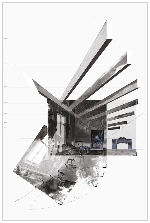The media were allowed into certain preserved rooms the morning after the arson. This room, a children’s bedroom adjacent to a family living room, is nearly left intact despite the fire damage. In its Zwischenzeit (“between-time”), the objects appear to be suspended in time. The redrawing of the obliterated room prods a possibility of suspending an architecture of memory through time and space: a memorial of distinct meaning and intention.