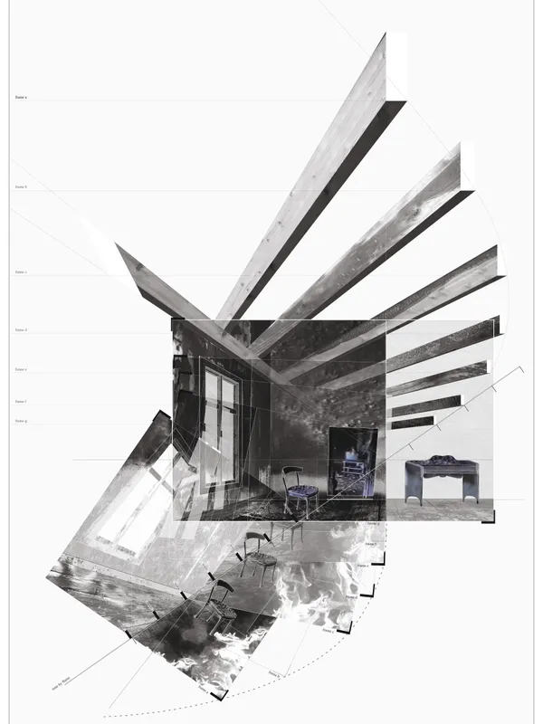 The media were allowed into certain preserved rooms the morning after the arson. This room, a children’s bedroom adjacent to a family living room, is nearly left intact despite the fire damage. In its Zwischenzeit (“between-time”), the objects appear to be suspended in time. The redrawing of the obliterated room prods a possibility of suspending an architecture of memory through time and space: a memorial of distinct meaning and intention.