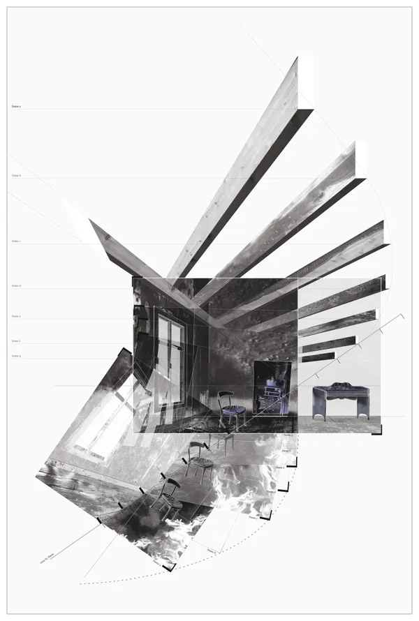 The media were allowed into certain preserved rooms the morning after the arson. This room, a children’s bedroom adjacent to a family living room, is nearly left intact despite the fire damage. In its Zwischenzeit (“between-time”), the objects appear to be suspended in time. The redrawing of the obliterated room prods a possibility of suspending an architecture of memory through time and space: a memorial of distinct meaning and intention.