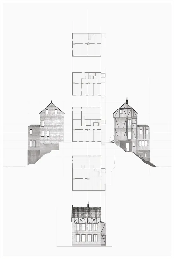 The facades of the house are drawn with precision and later filled in with a series of photographic materials, now without fire damage. The plans are difficult to entirely construct, since program details were left out of conducted interviews with the residents; however, the circulation route must be adjacent to the front entrance where the fire spread, as depicted in the location of the collapsed roof, and a bathroom with a bathtub must be located near this staircase, as illustrated by the bathtub falling onto the interior basement stair. The redrawings reconstruct three acts of the arson’s destruction: dematerialization, defenestration, and destruction of objects, bodies, and space.