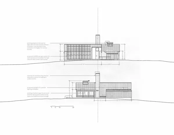 Front elevation: the sugar house's iconic hipped roofline and historic front kept entirely unchanged, with the ADU addition continuing the roofline behind.