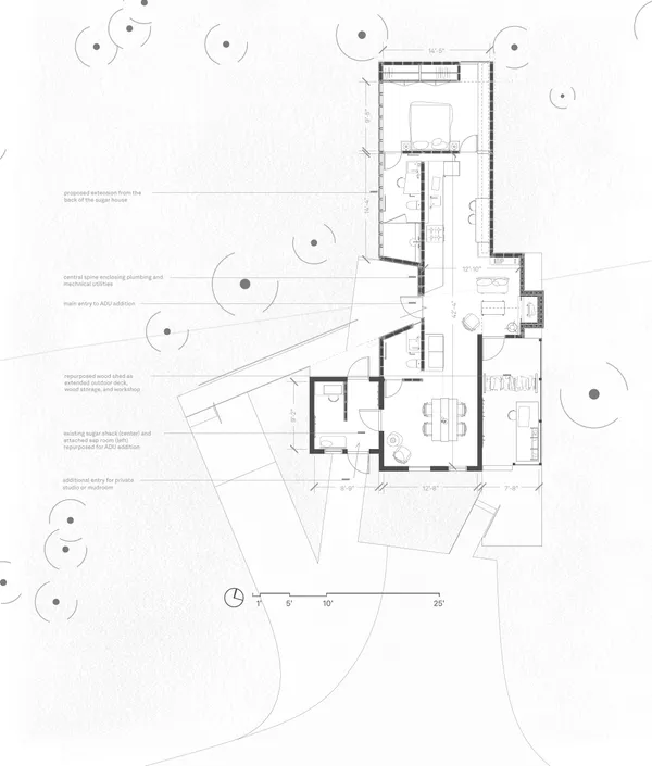 Floor plan: a one-bedroom, 1.5-bath ADU (315 sqft sugar house + 515 sqft addition = 830 sqft), organized by a single continuous wall that centralizes plumbing and mechanical services.