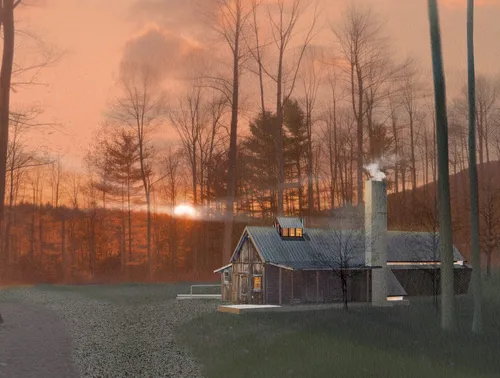 Dusk exterior view: the retained sugar house with its hipped standing-seam roof and glowing clerestory, the new chimney, and the low ADU addition set in a wooded clearing.