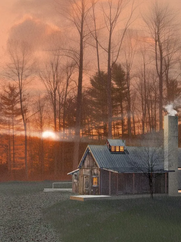 Dusk exterior view: the retained sugar house with its hipped standing-seam roof and glowing clerestory, the new chimney, and the low ADU addition set in a wooded clearing.