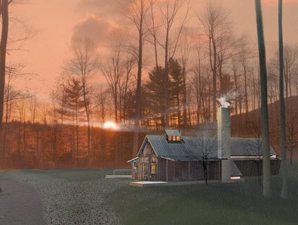 Dusk exterior view: the retained sugar house with its hipped standing-seam roof and glowing clerestory, the new chimney, and the low ADU addition set in a wooded clearing.