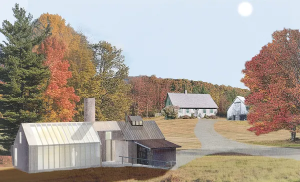 Autumn view: the converted sugar house with its semi-translucent south curtain wall in the foreground, the main dwelling and barn beyond up the shared drive.