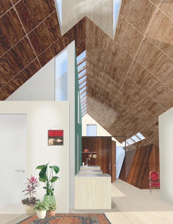 Interior view: the light-filled living space beneath the continued hipped roof, with clerestory windows and skylights, the kitchen along the continuous wall, and warm wood surfaces.